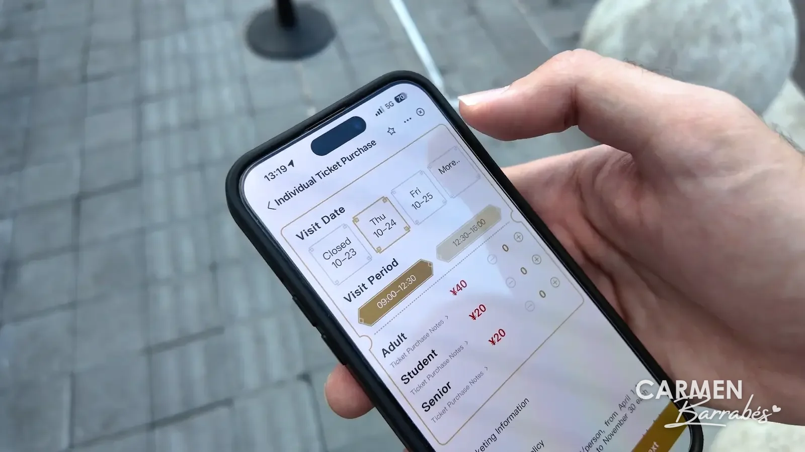 Pantalla de compra de entradas del Jardín Yuyuan de Shanghái en el móvil, tras escanear el código QR de la entrada: 40 yuanes la de adulto