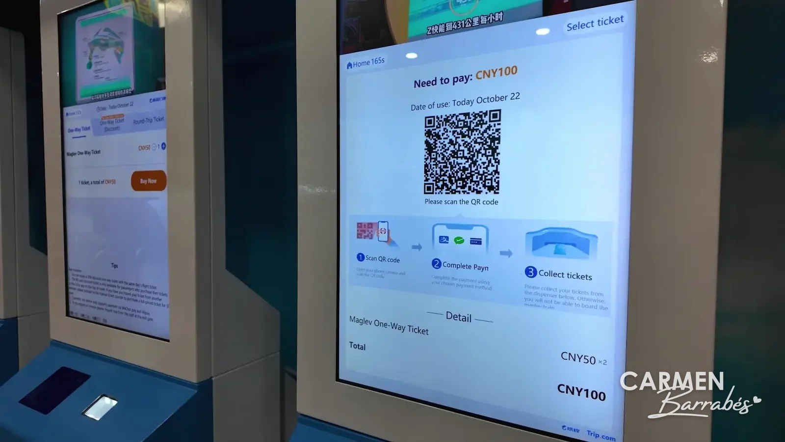 Máquina de billetes del Maglev de Shanghái que pide escanear un código QR para pagar 100 yuanes