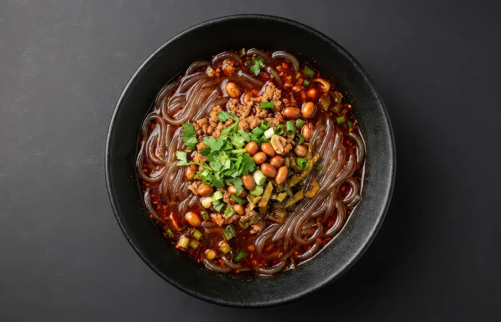 Bol de suan la fen, fideos de boniato en caldo agripicante con cacahuetes