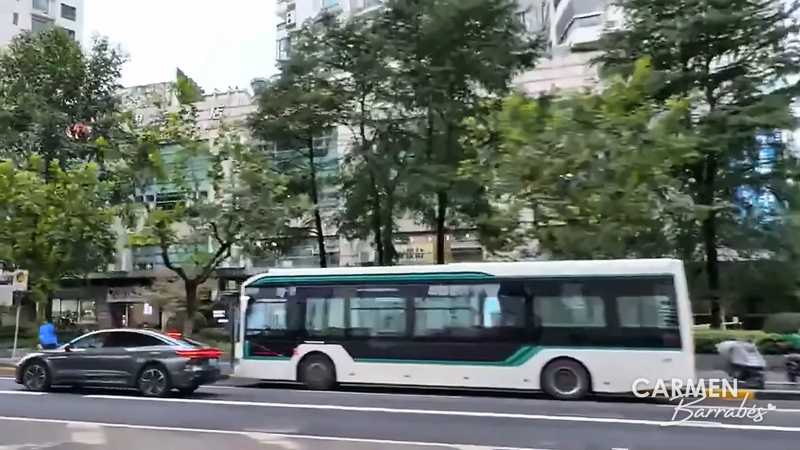 Autobús urbano blanco y verde de Shanghái circulando por una avenida arbolada, visto desde la ventanilla de un coche