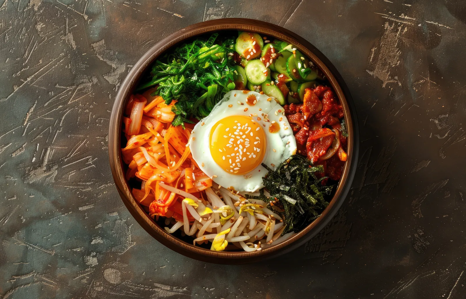 Bibimbap, arroz con verduras, carne y huevo en un cuenco