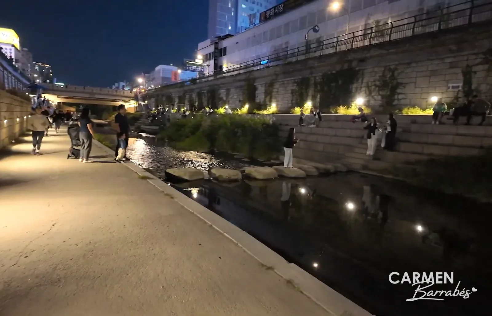 Arroyo Cheonggyecheon de noche, en el centro de Seúl