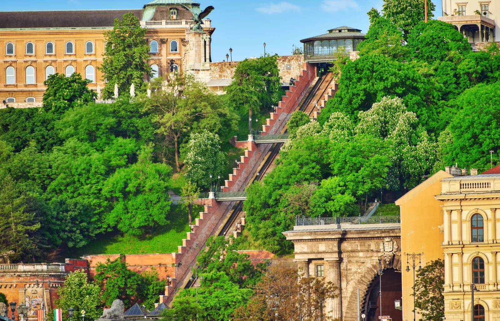 Las vías del Funicular del Castillo de Budapest subiendo la ladera hacia el Palacio Real