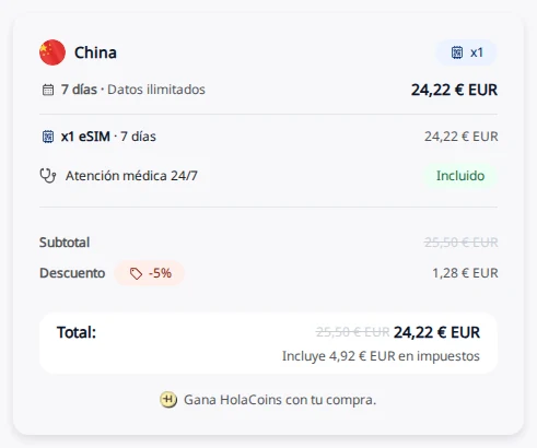 Resumen del pago de Holafly del 16 de octubre de 2026 con el código CARMEN: eSIM de China de 7 días, descuento del 5 % (1,28 €) y total de 24,22 € en vez de 25,50 €
