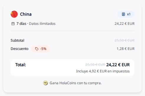 Resumen del pago de Holafly con el código CARMEN: eSIM de China de 7 días a 24,22 € en vez de 25,50 €
