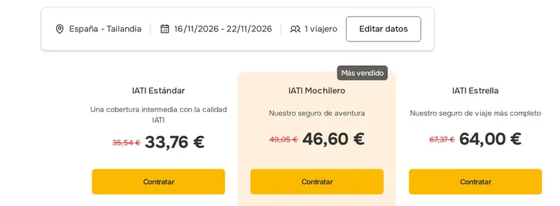 Cotizador de IATI con el 5 % de descuento aplicado: Estándar 33,76 €, Mochilero 46,60 € y Estrella 64,00 € para Tailandia
