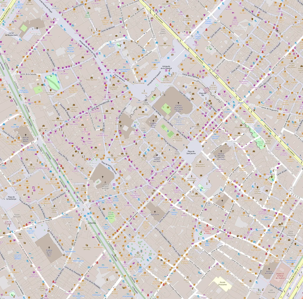 Mapa del Barrio Gótico de Barcelona con los 30 sitios que ver numerados en el orden de la ruta
