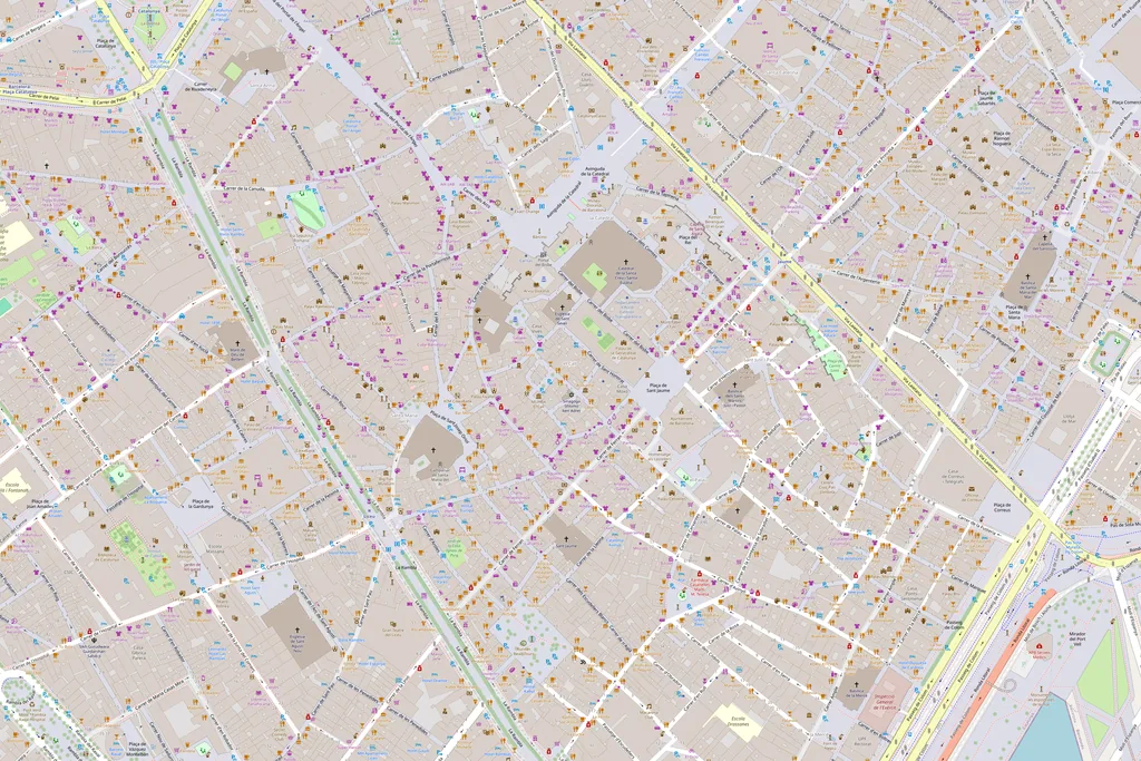 Mapa del Barrio Gótico de Barcelona con los 30 sitios que ver numerados en el orden de la ruta