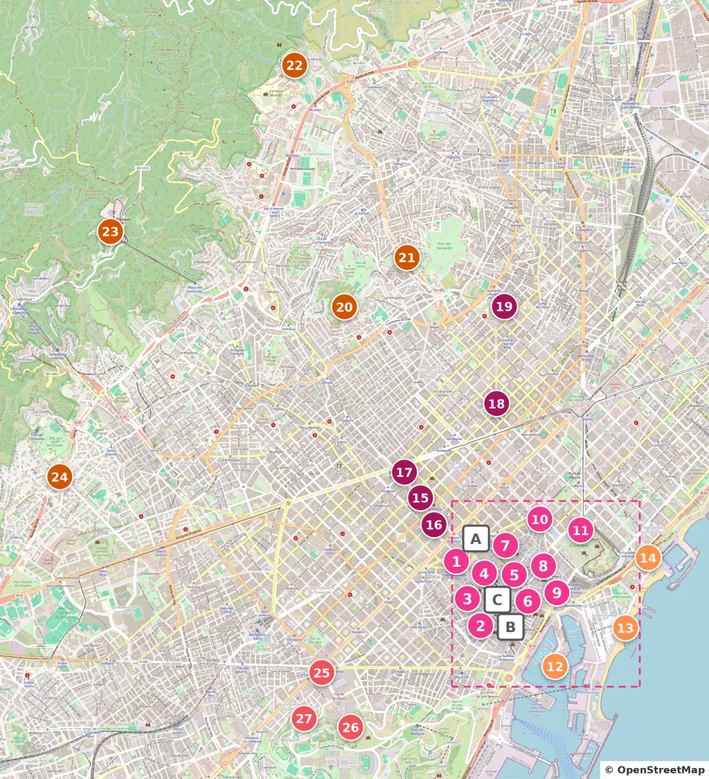 Mapa de Barcelona con los 27 sitios que ver numerados por zonas y sitios para comer