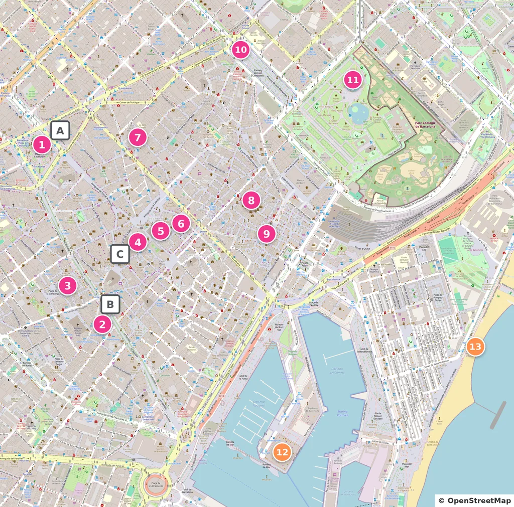 Mapa ampliado de Ciutat Vella, en Barcelona, con los sitios del 1 al 13