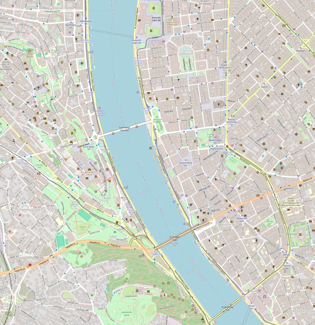 Mapa ampliado del centro de Budapest con los sitios numerados