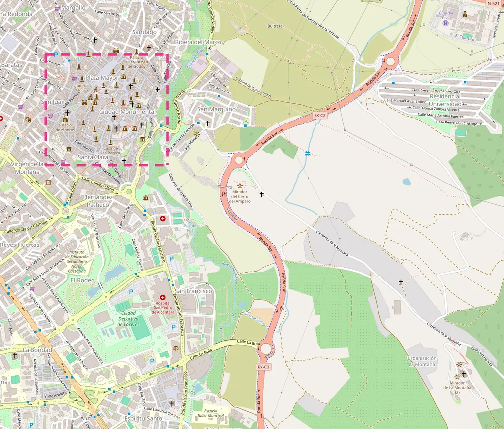 Mapa de Cáceres con los 25 sitios que ver numerados por zonas