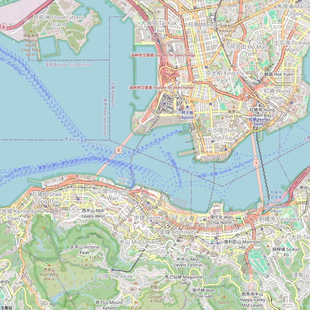 Mapa ampliado del centro de Hong Kong con los sitios 1-10, 13-19 y 30