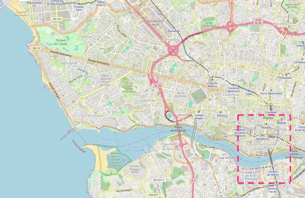 Mapa de Oporto hasta Foz y Matosinhos con las paradas del día 3