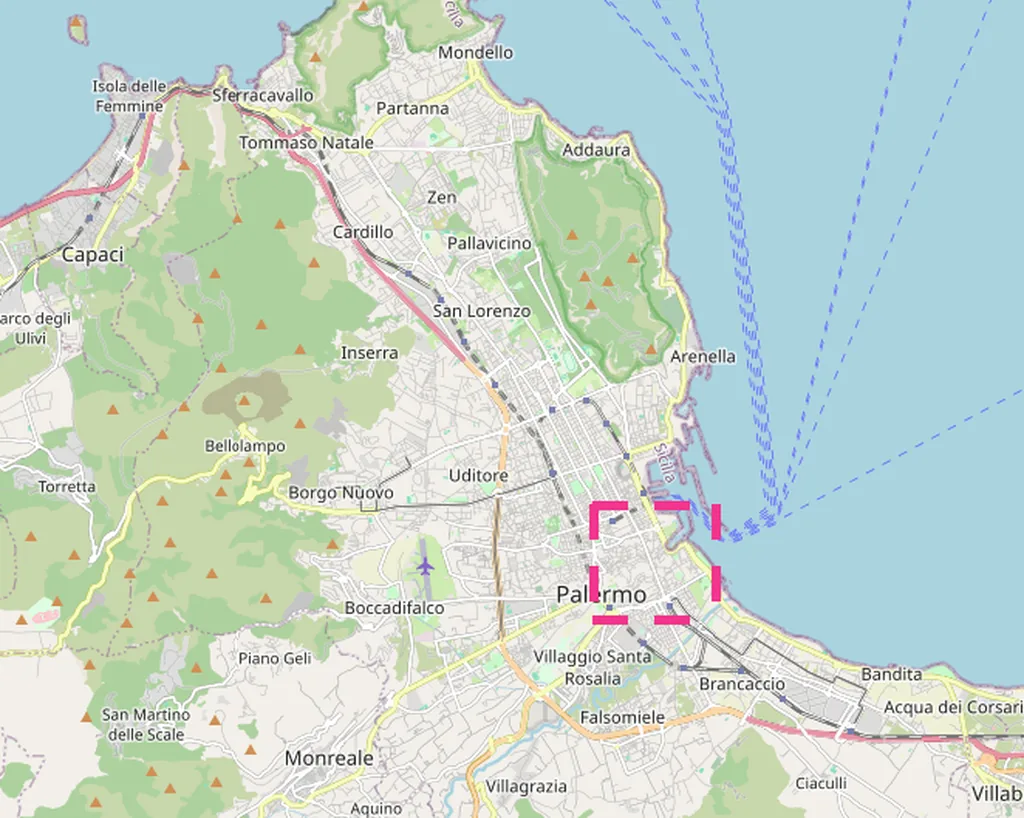 Mapa de Palermo y alrededores con los sitios del 21 al 25, fuera del centro