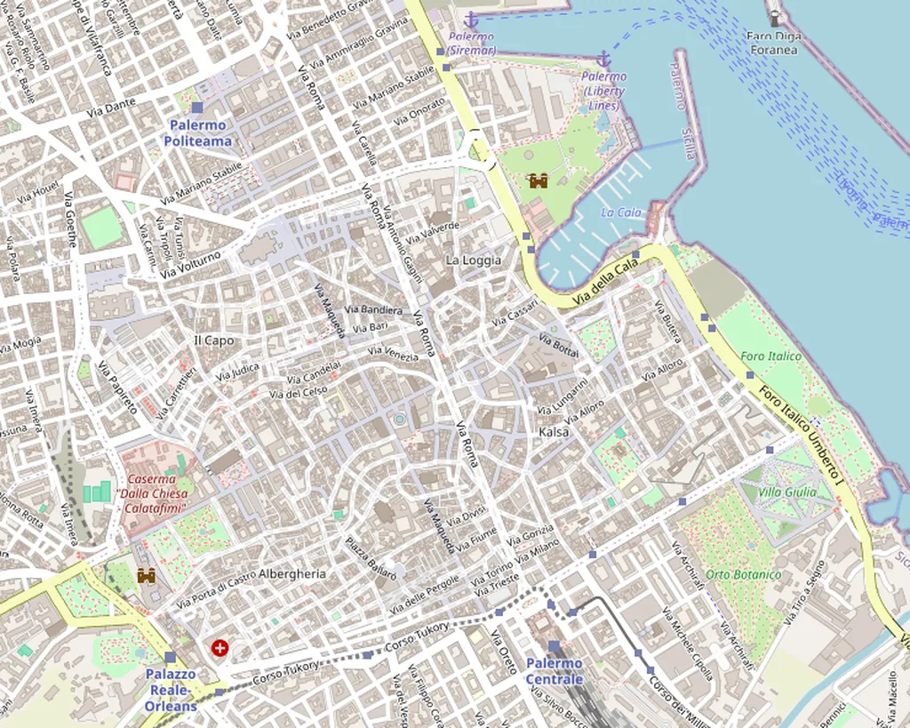 Mapa del centro histórico de Palermo con los sitios del 1 al 20