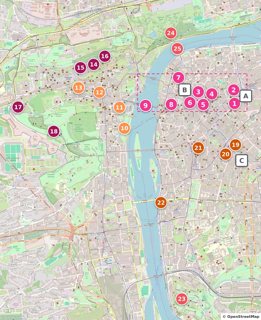 Mapa de Praga con los 25 sitios que ver numerados por zonas y tres sitios para comer