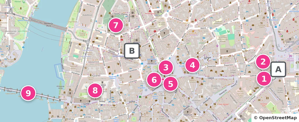 Mapa ampliado de la Ciudad Vieja de Praga con los sitios del 1 al 9