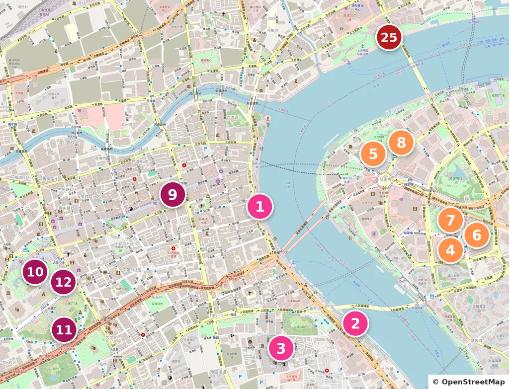 Mapa ampliado del Bund, el Jardín Yuyuan, Lujiazui y People's Square