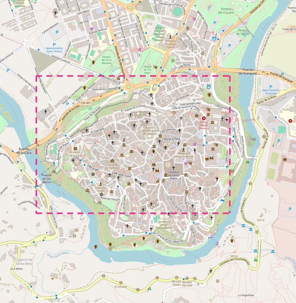 Mapa de Toledo con los 25 sitios que ver numerados por zonas
