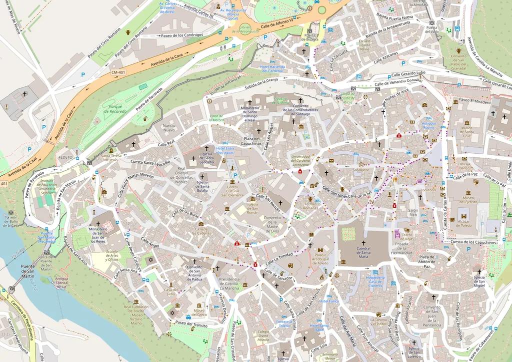 Mapa ampliado del casco histórico de Toledo con los sitios del 1 al 21
