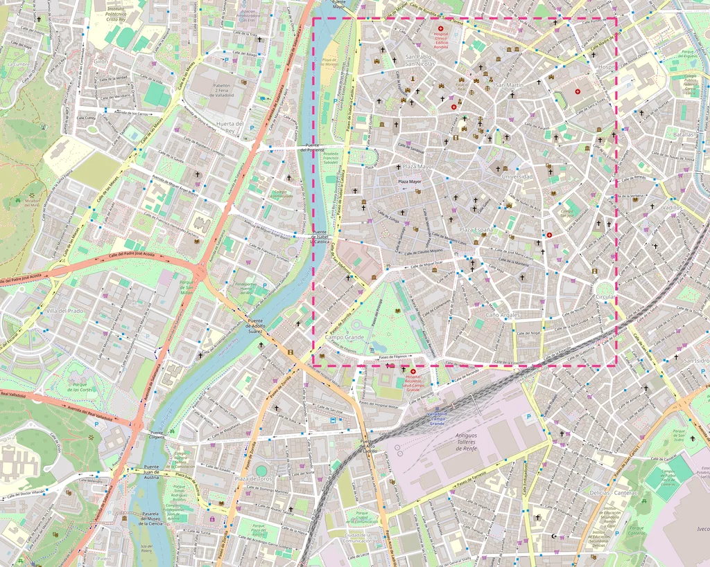 Mapa de Valladolid con los 23 sitios que ver numerados por zonas