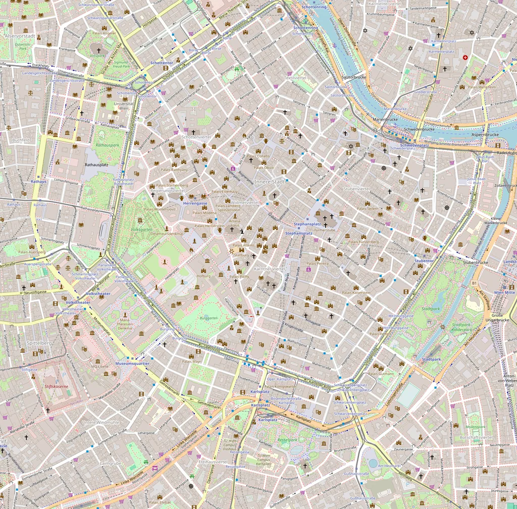 Mapa ampliado del centro de Viena con los sitios del 1 al 20