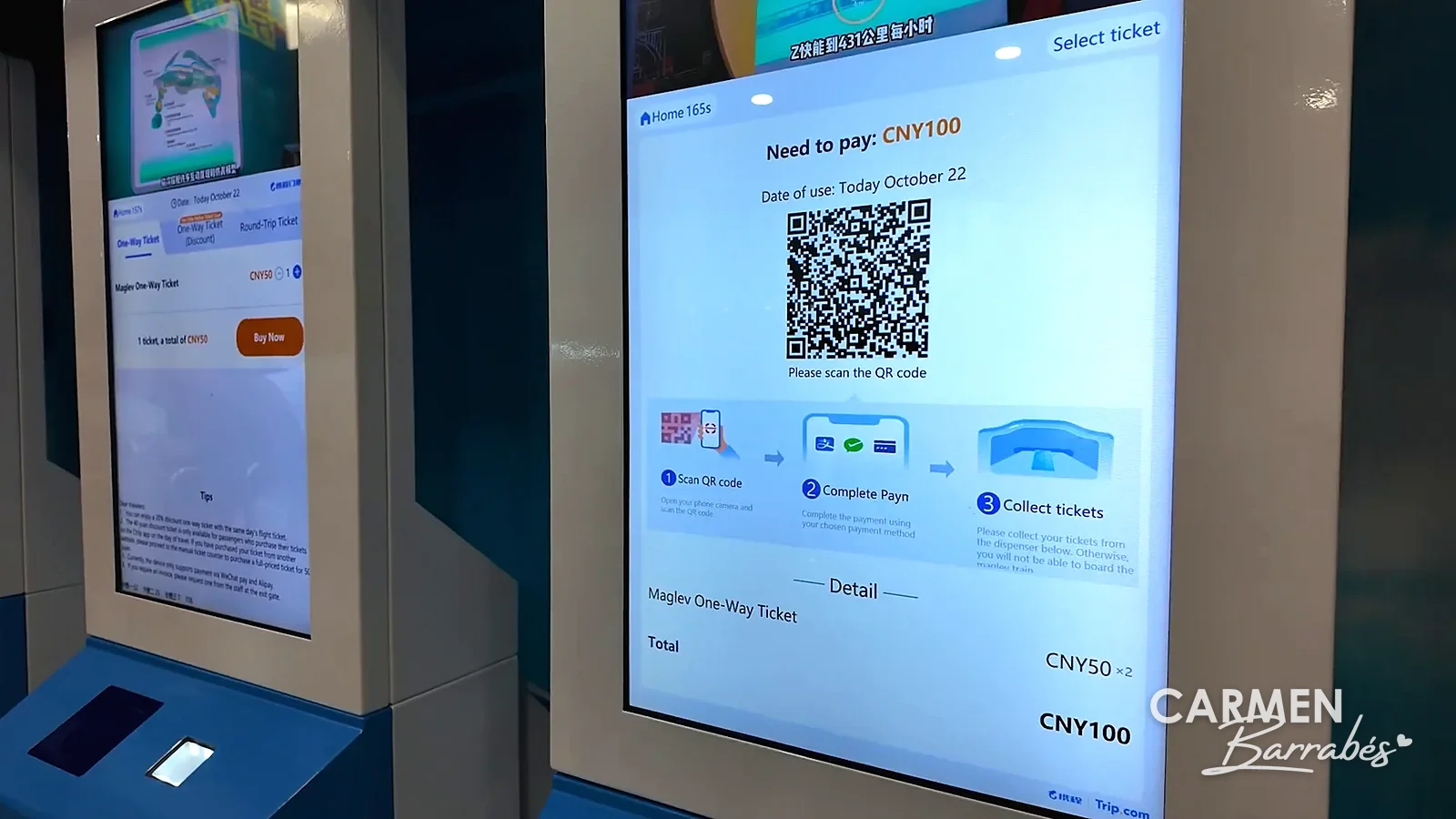 Máquina de billetes del Maglev de Shanghái que pide escanear un código QR para pagar 100 yuanes