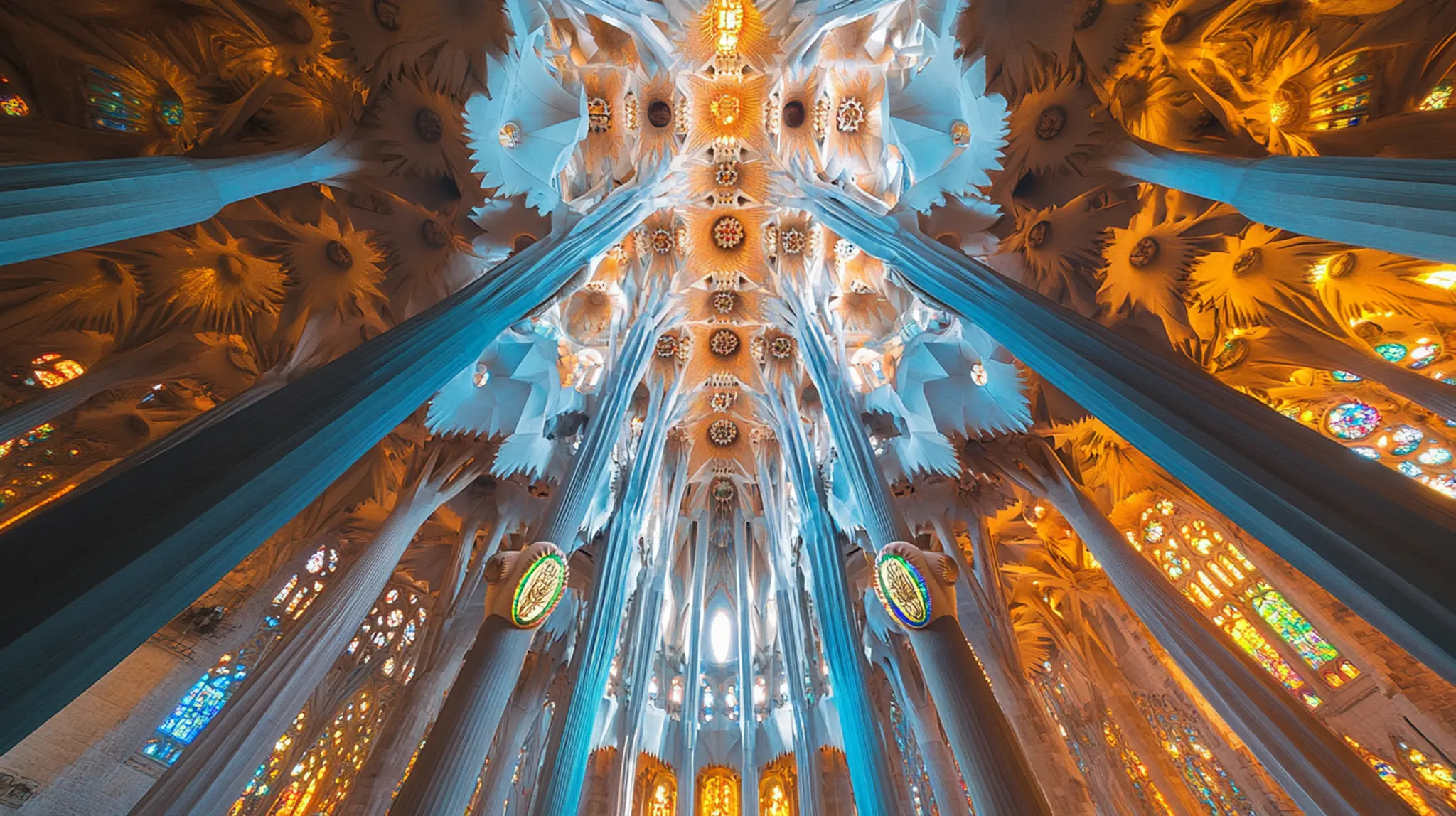 Bóvedas y vidrieras de colores del interior de la Sagrada Familia