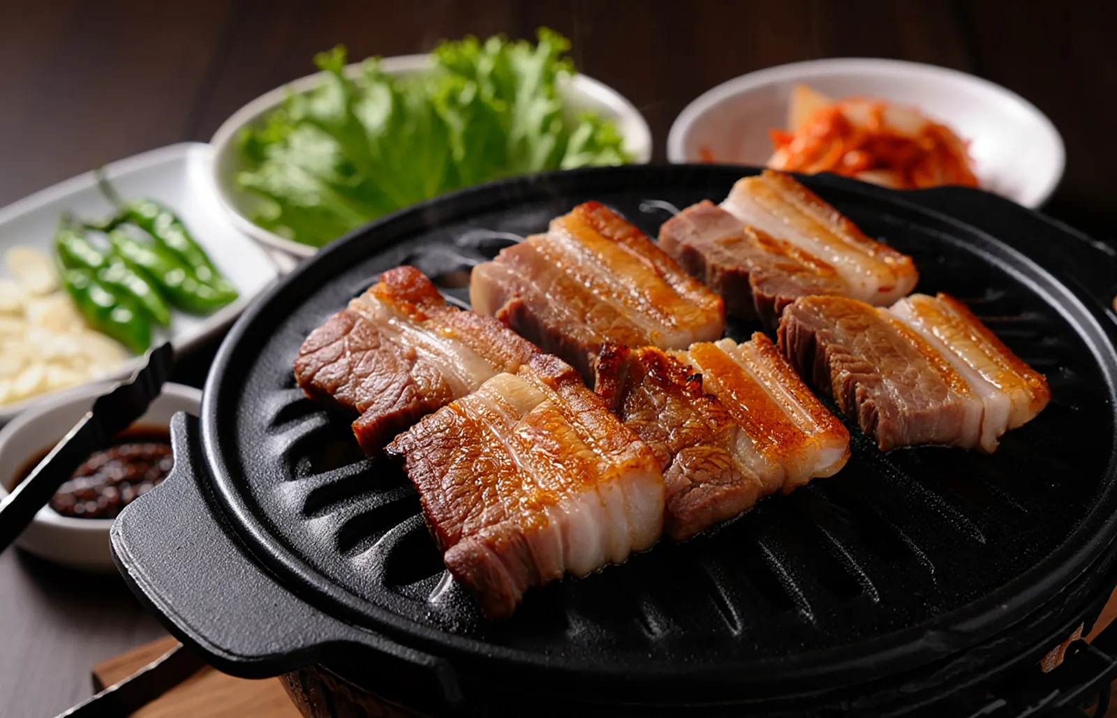 Samgyeopsal, panceta de cerdo en la parrilla de mesa